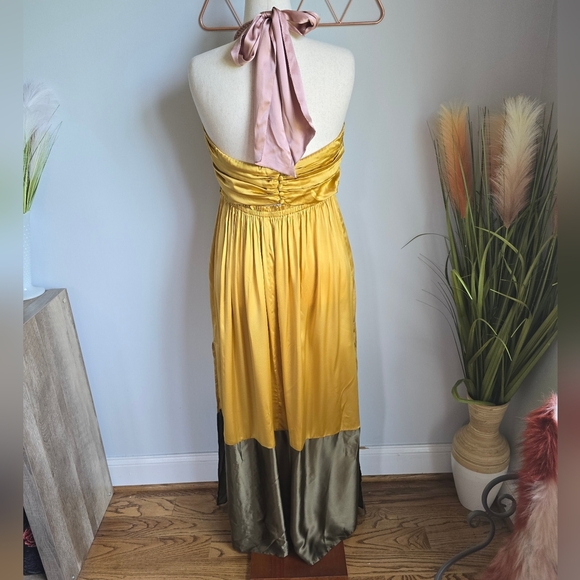 Anthropologie, New, Yellow Silk Colorblocked Silk Midi Halter Sun Dress, Size 14 - Picture 9 of 16